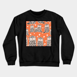 Folk Art Owls, Owlets and Hearts Pattern on Orange Crewneck Sweatshirt